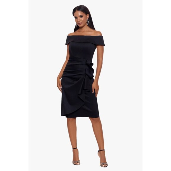 New XScape Off The Shoulder Cap Sleeve Sheath Ruched Side Scuba Crepe Dress Blac - Picture 2 of 11